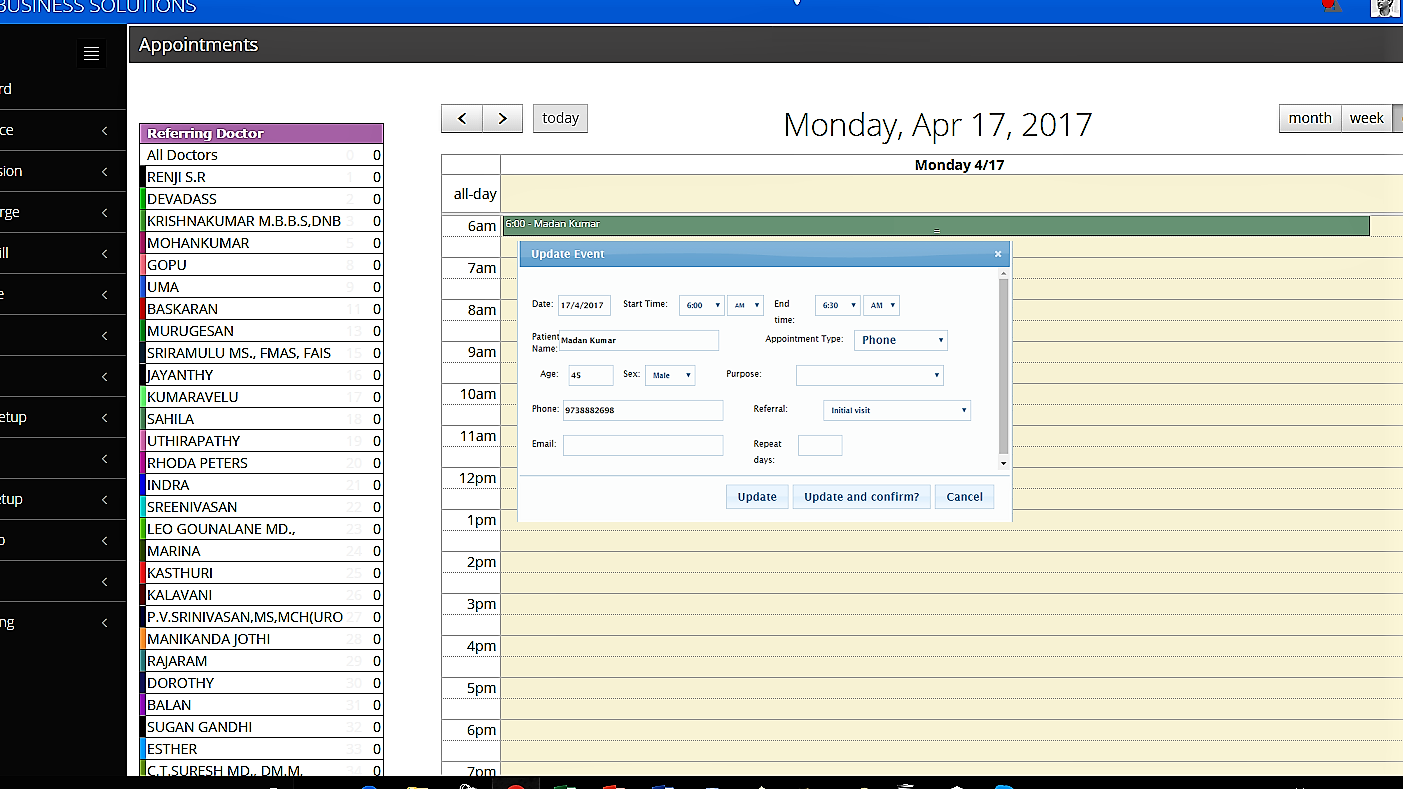 Screenshot showing appointment calendar in hospital management software
